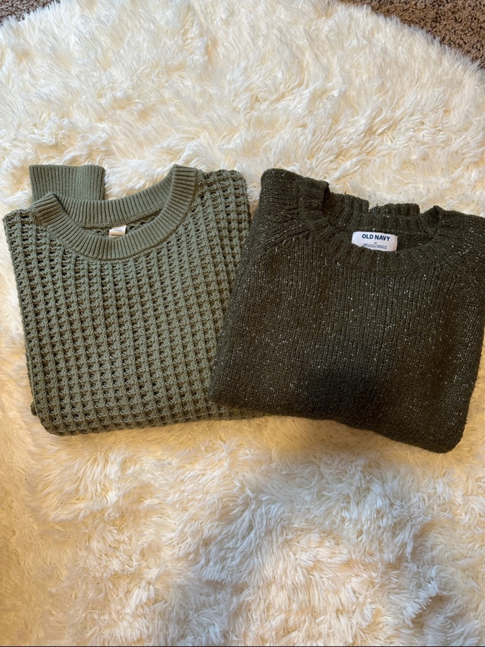 Old Navy Light Olive Waffle & Dark Olive Metallic Crewneck Sweaters